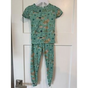 Fletch Brand Kids Bamboo Pajamas 3T Teal Island Map Tropical 2pc Set PJ